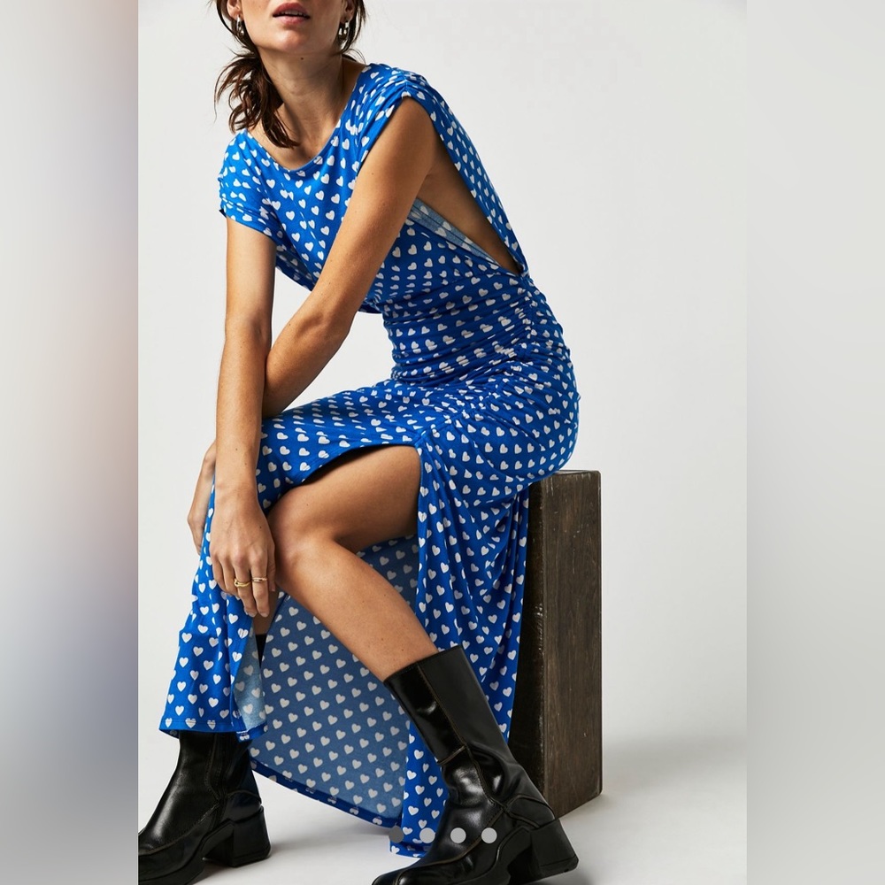 ❤️NWOT Free People Lakeside Printed Midi Dress With Hearts Bluebell Size S❤️